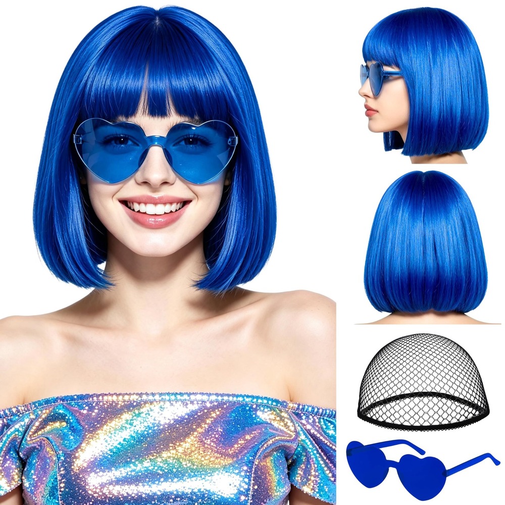 NWT Lavwix Blue Bob Wig w/ Bangs Heart Sunglasses & Wig Cap Costume Set